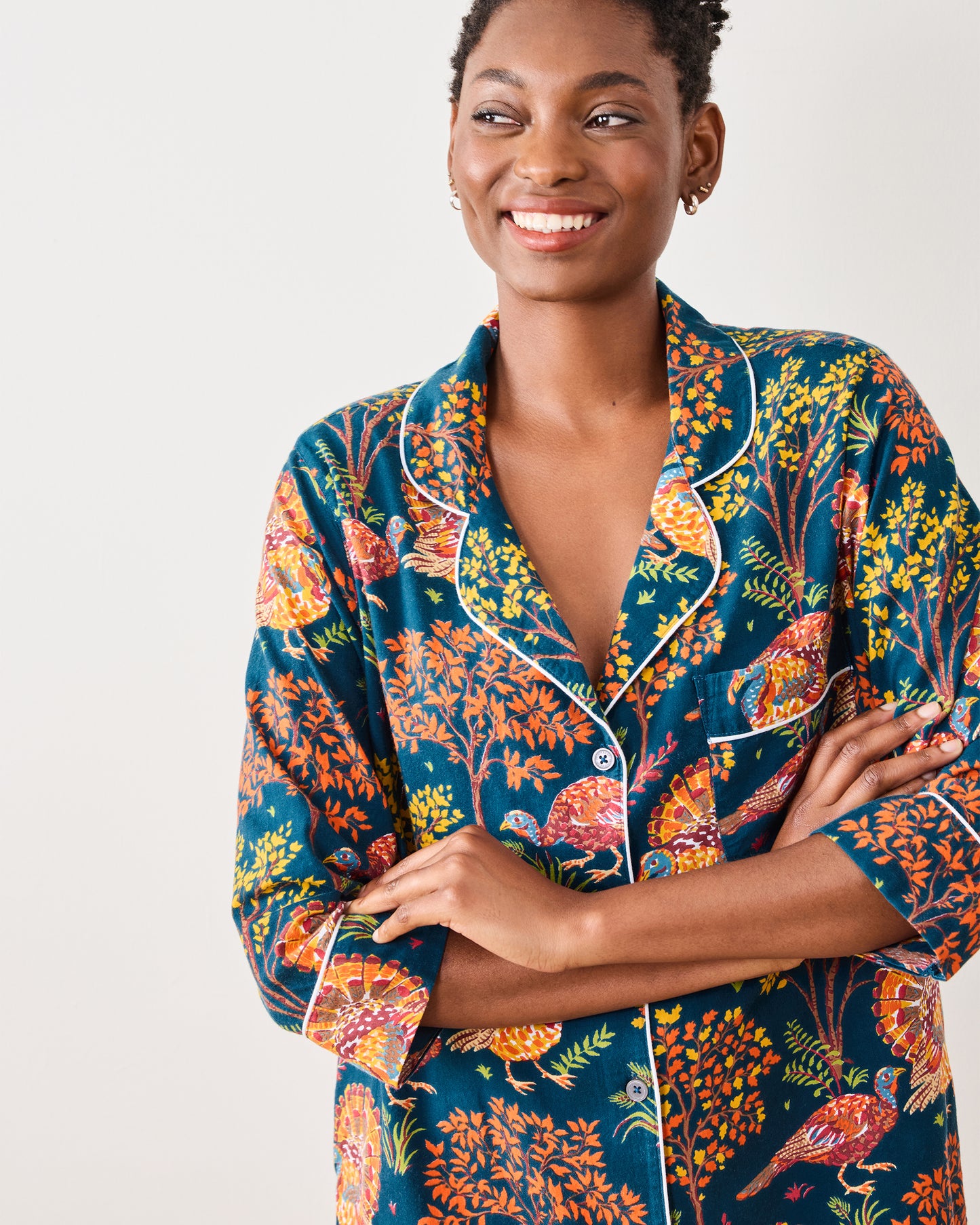 Turkey Trot - Lightweight Flannel Sleep Shirt - Midnight Navy - Printfresh