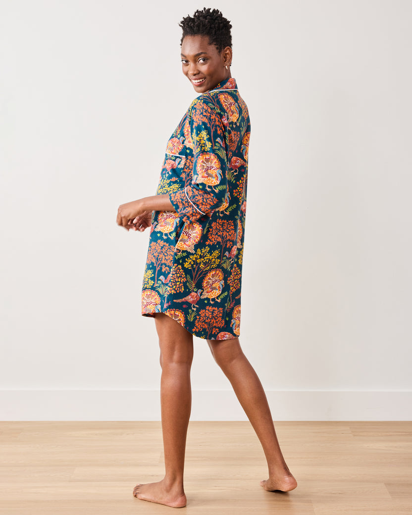 Turkey Trot - Lightweight Flannel Sleep Shirt - Midnight Navy - Printfresh