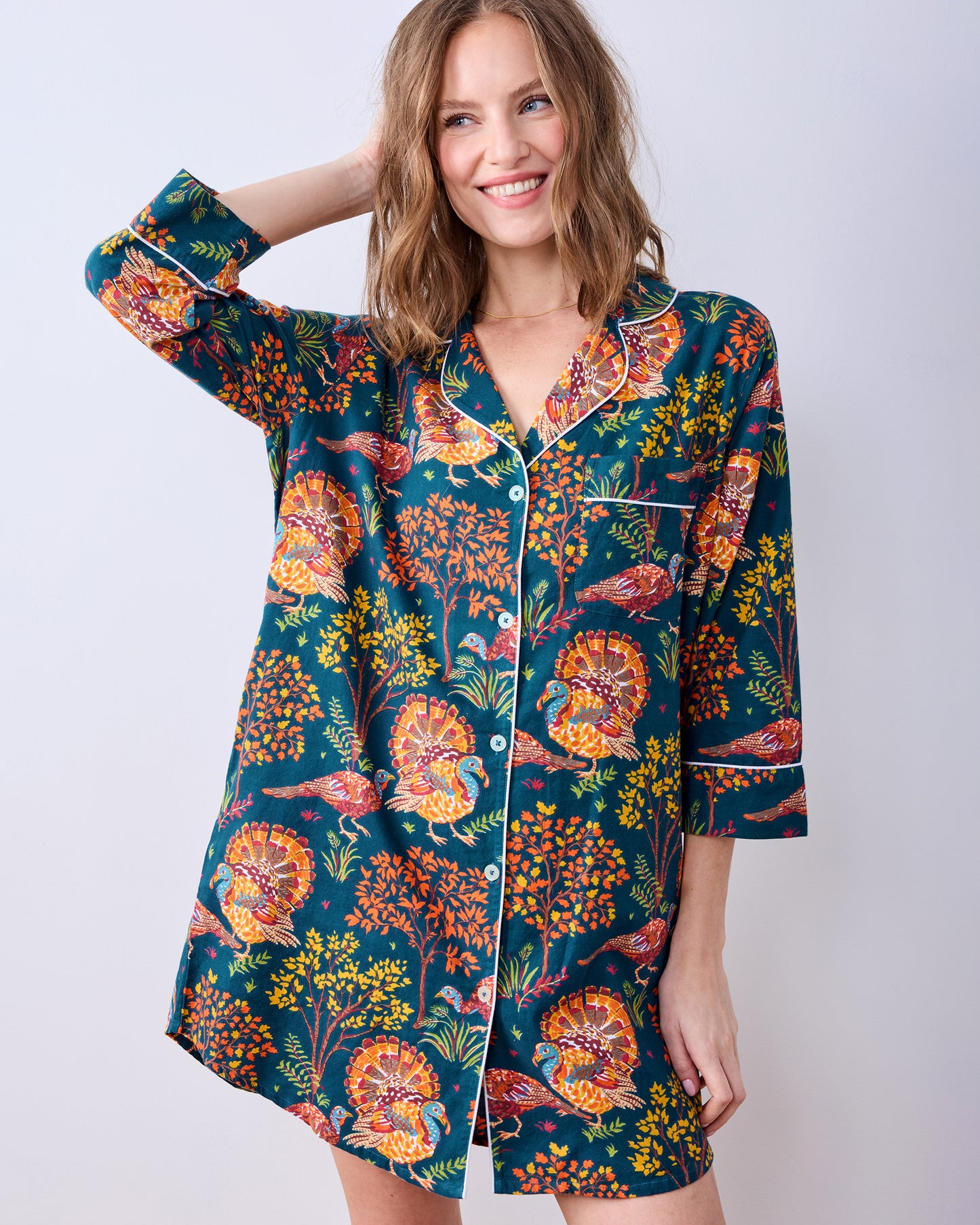 Turkey Trot - Lightweight Flannel Sleep Shirt - Midnight Navy - Printfresh