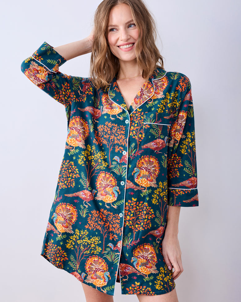 Turkey Trot - Lightweight Flannel Sleep Shirt - Midnight Navy - Printfresh