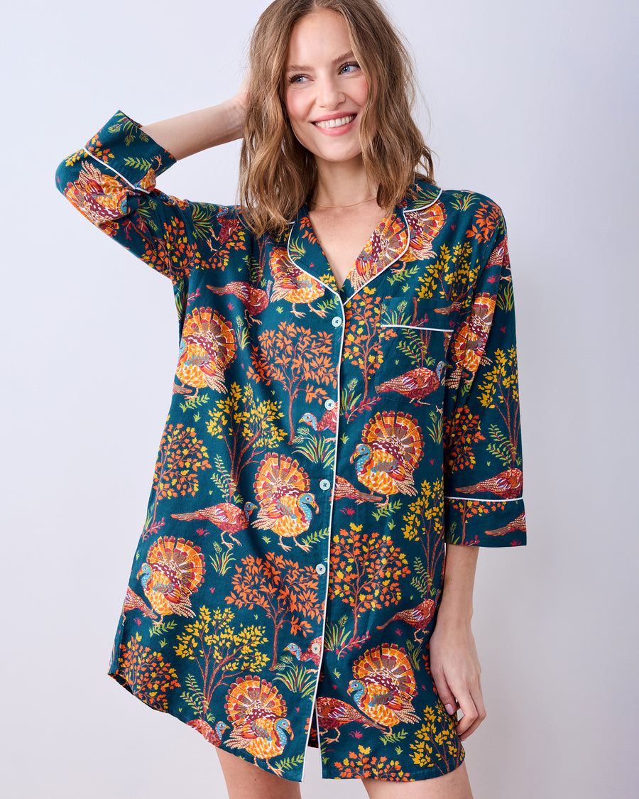 Turkey Trot - Lightweight Flannel Sleep Shirt - Midnight Navy - Printfresh