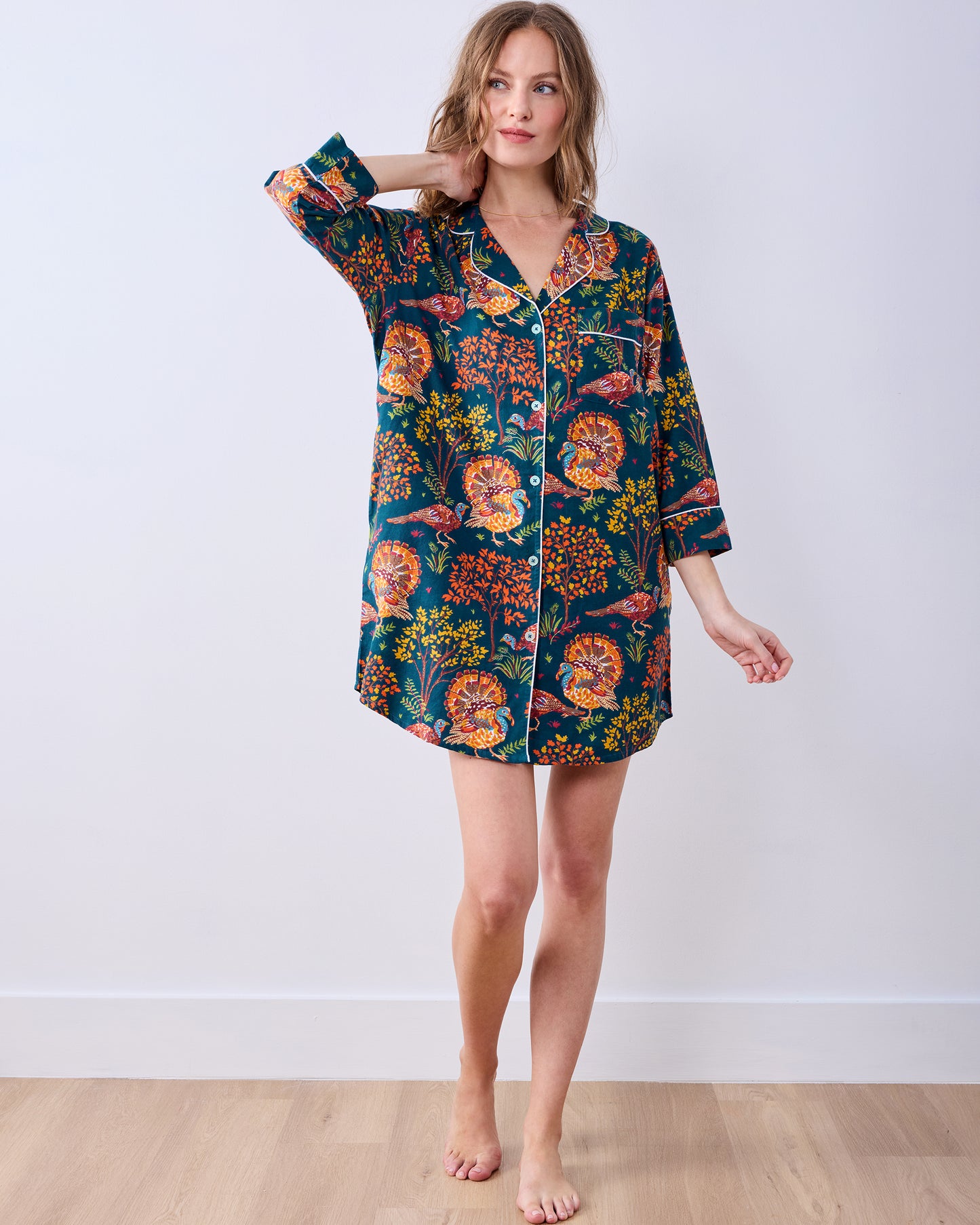 Turkey Trot - Lightweight Flannel Sleep Shirt - Midnight Navy - Printfresh