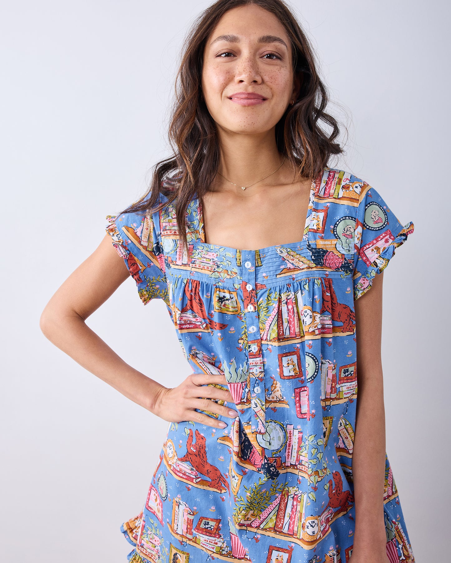 Unleashed Stories - Pintuck Nightgown - Bookkeeper Blue - Printfresh