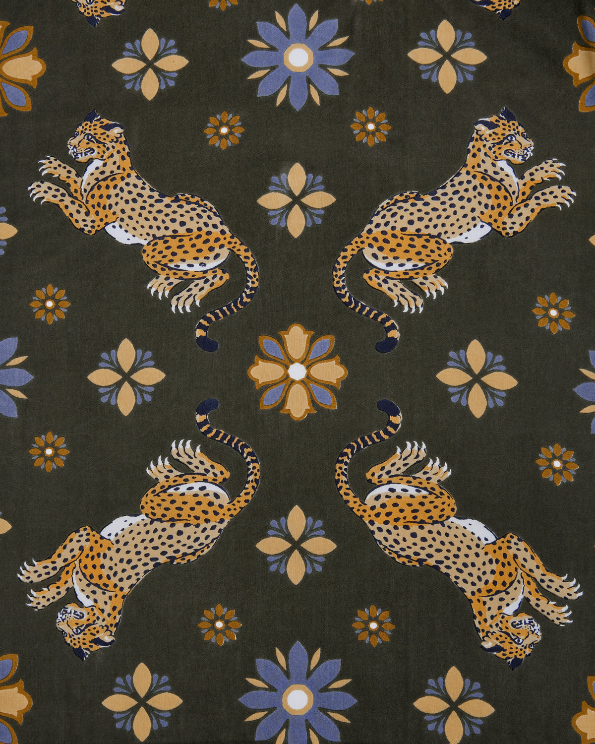 Close-up of the olive scarf print with four leopard illustrations, flowers, and geometric floral motifs