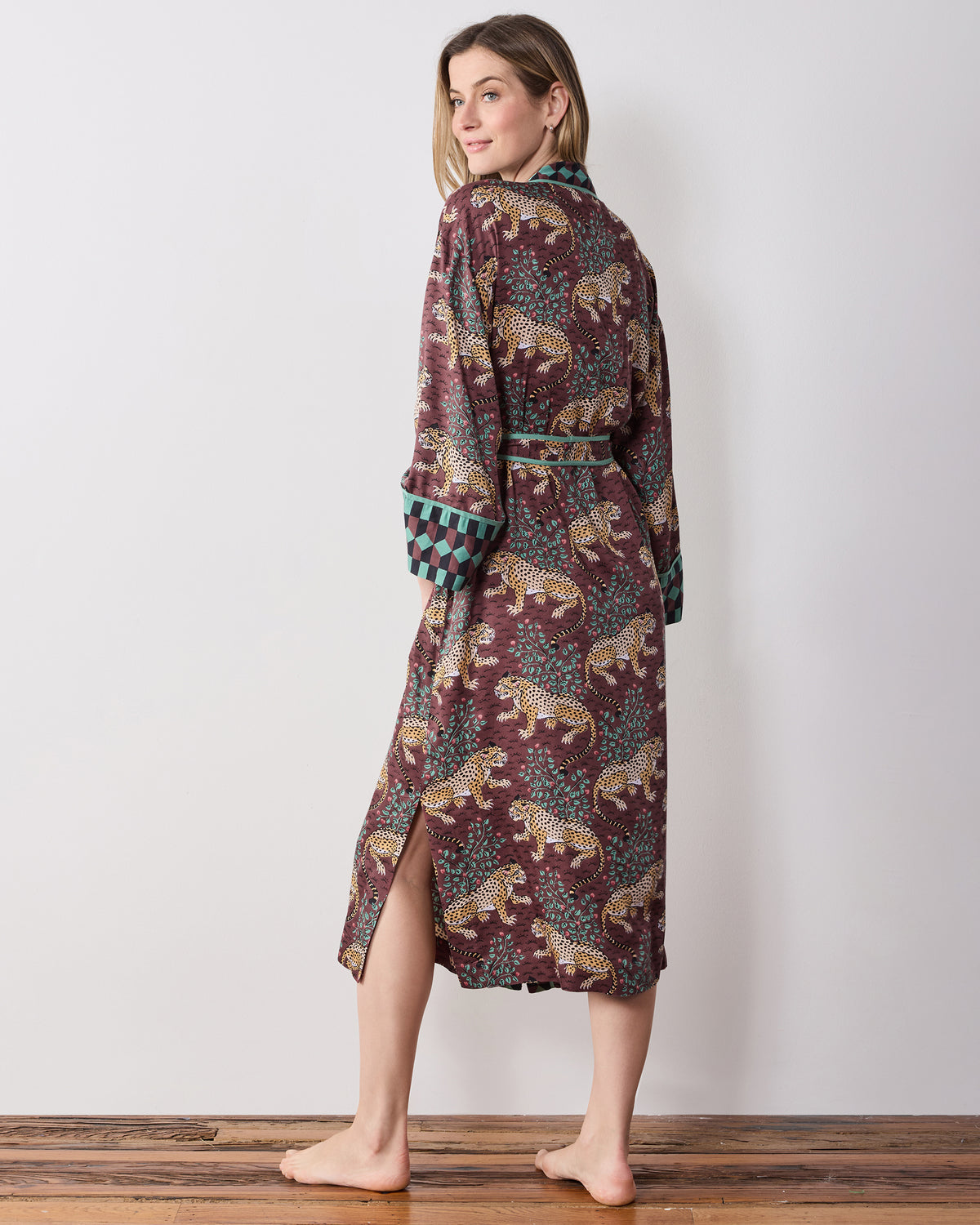 Back view of the Bagheera Eco Satin Robe in Raisin, showing the leopard print, contrasting belt, and patterned cuffs.