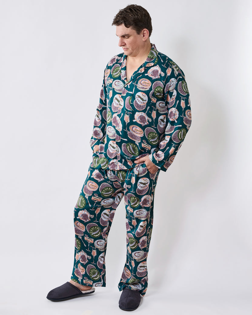 Champagne & Caviar - Men's Eco Satin Long PJ Set - Peacock Feather