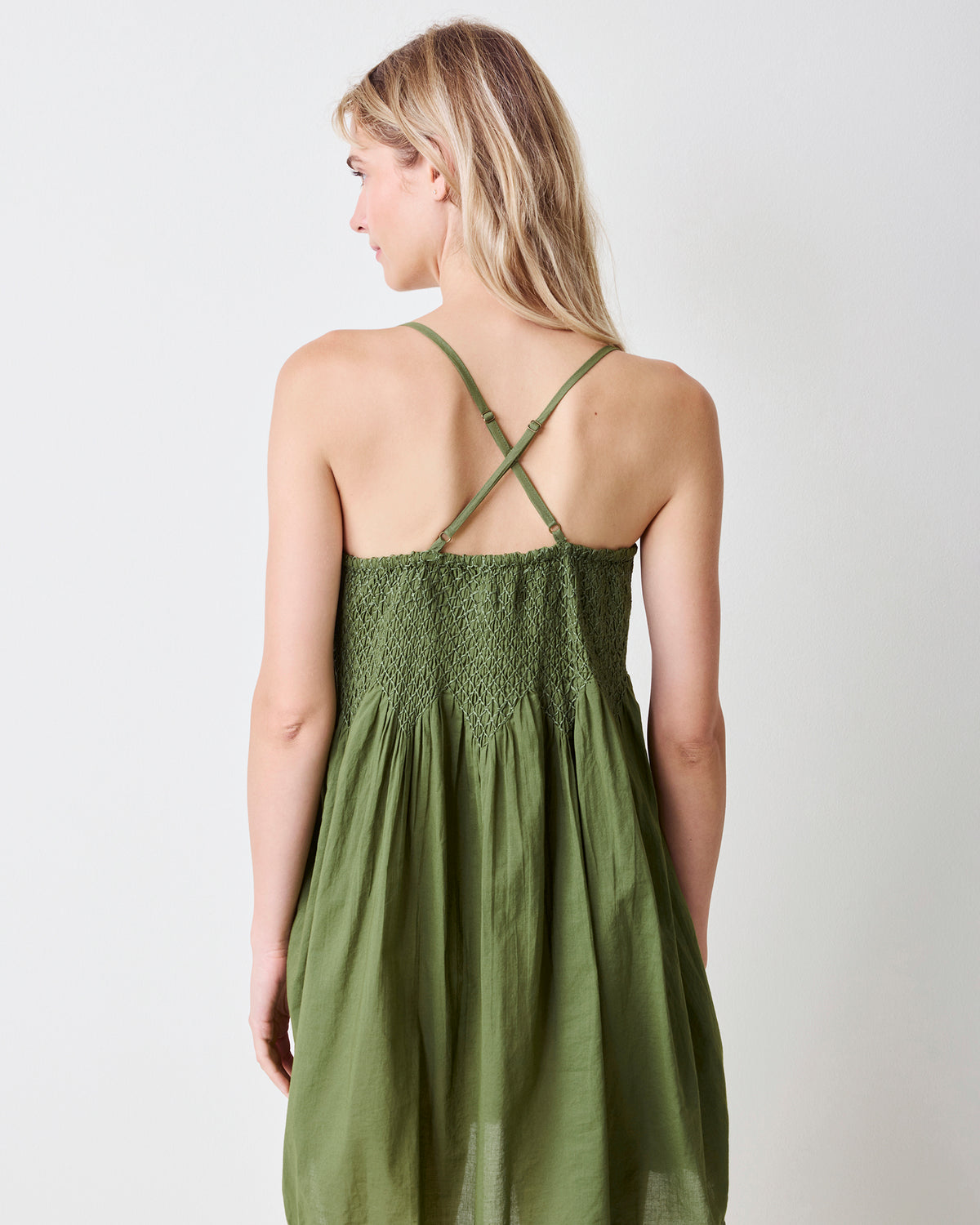 Back view of the olive Tulsi nightie showing crossed adjustable straps, a smocked bodice, and a gathered skirt.