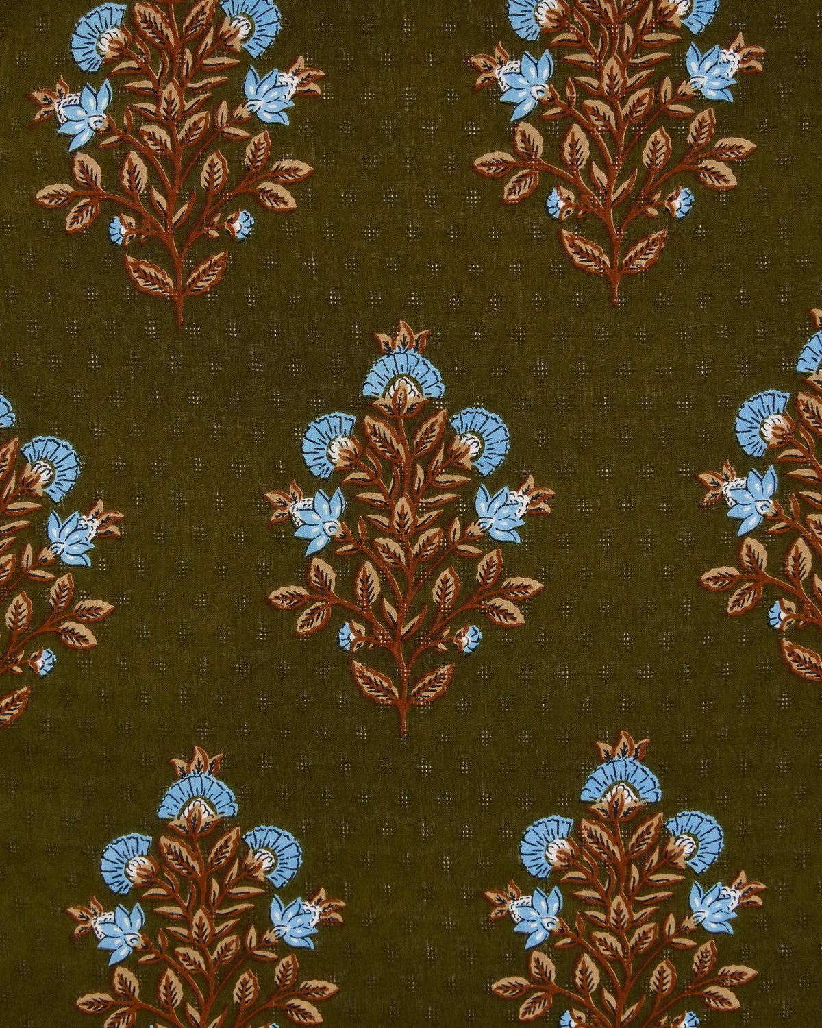 Deep olive fabric swatch with repeating blue and brown floral motifs from the Colorado Wildflowers print.