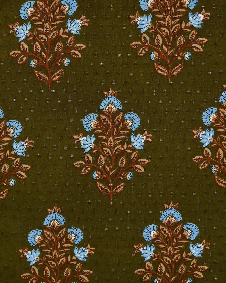 Deep olive fabric swatch with repeating blue and brown floral motifs from the Colorado Wildflowers print.