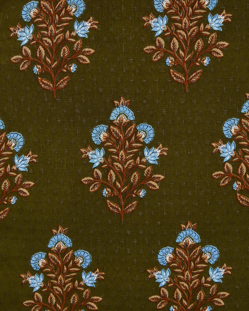 Deep olive fabric swatch with repeating blue and brown floral motifs from the Colorado Wildflowers print.