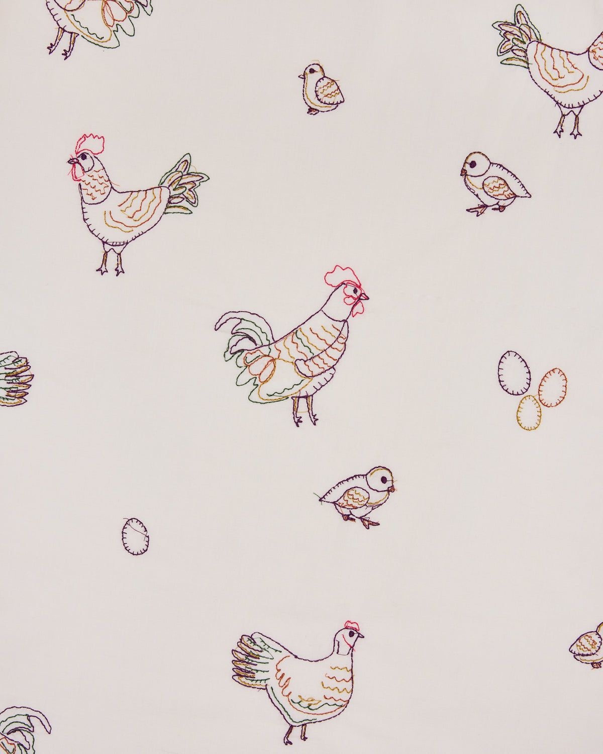Light background print with sparsely spaced embroidered-style hens, chicks, and eggs in outline colors.