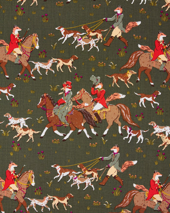 Dark green pattern showing foxes riding horses, people walking groups of dogs, and small plants.