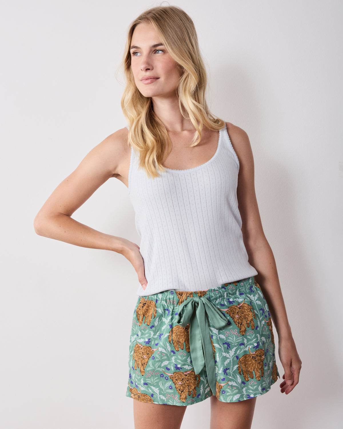 Highland Cows - Lightweight Flannel Astrid Short - Soft Thistle