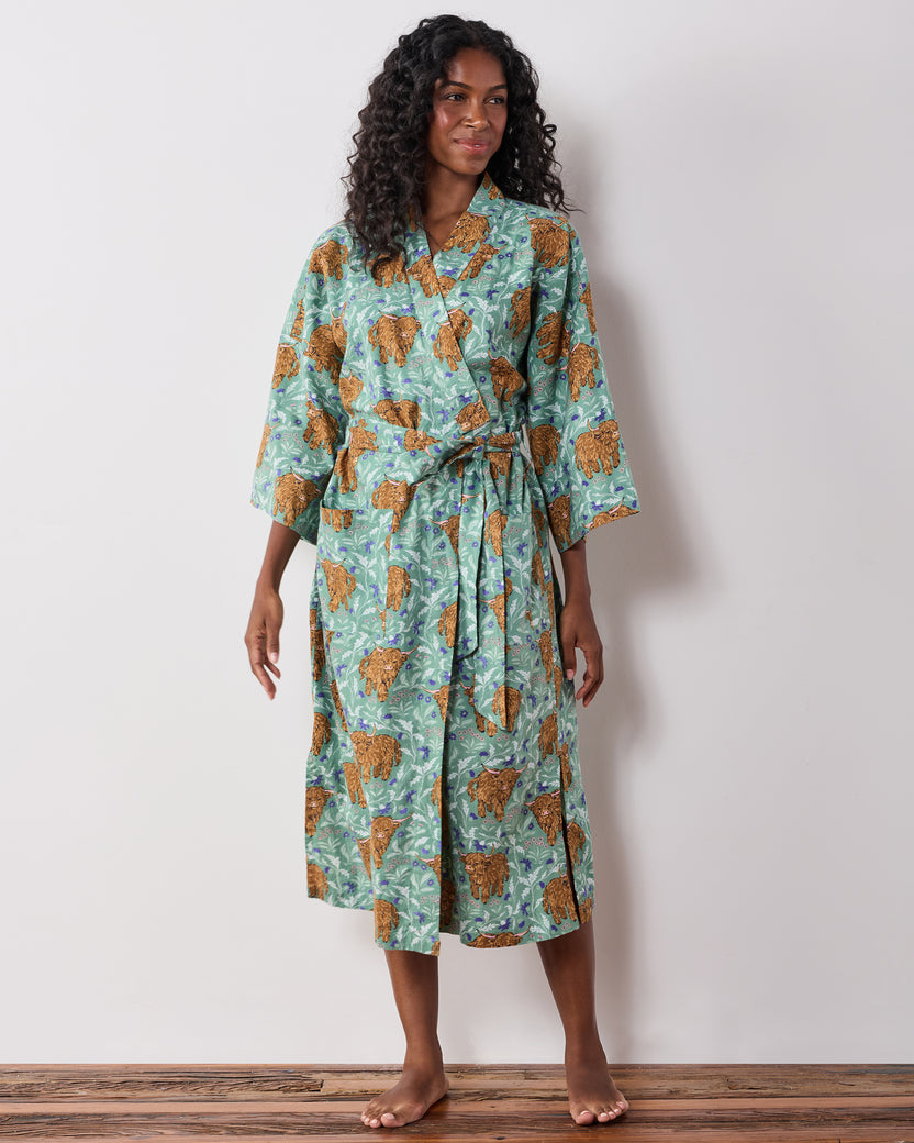 Highland Cows - Lightweight Flannel Long Robe - Soft Thistle