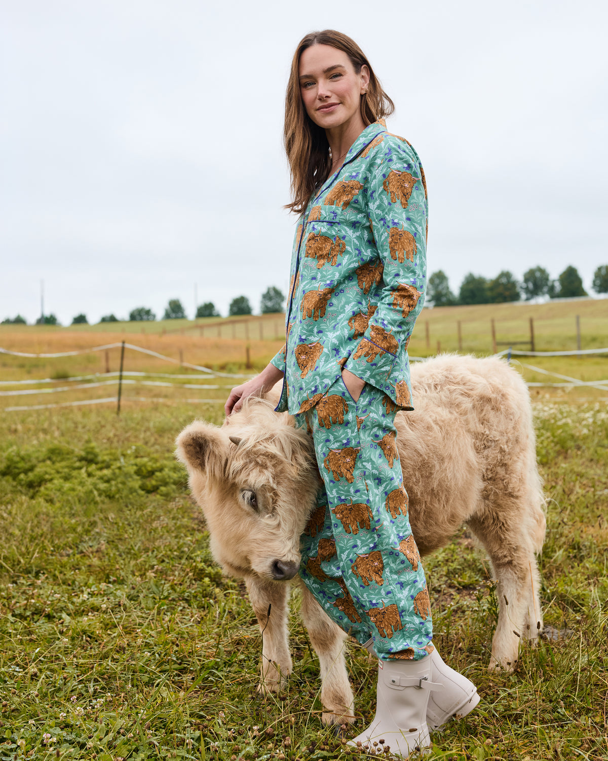 Highland Cows - Tall Lightweight Flannel Long PJ Set - Soft Thistle