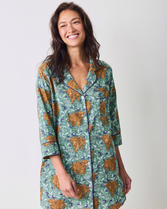 Highland Cows - Lightweight Flannel Sleep Shirt - Soft Thistle