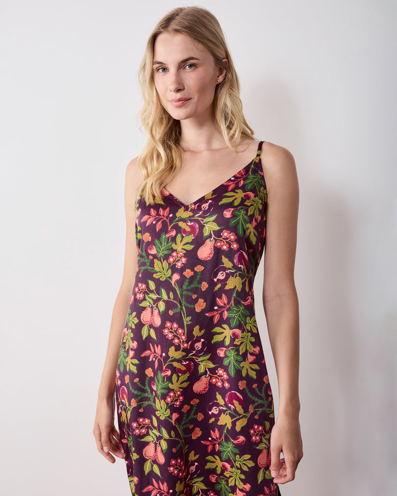 Close front view of a plum floral-print sleeveless nightie