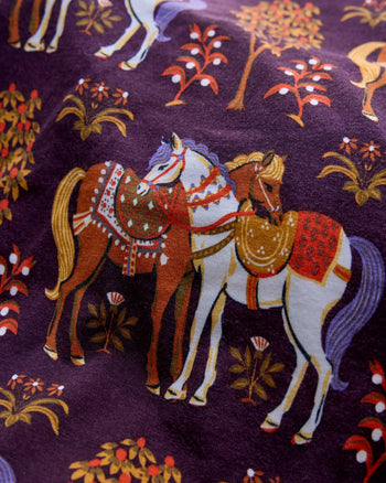 Deep purple pattern with illustrated decorated horses and small botanical motifs.