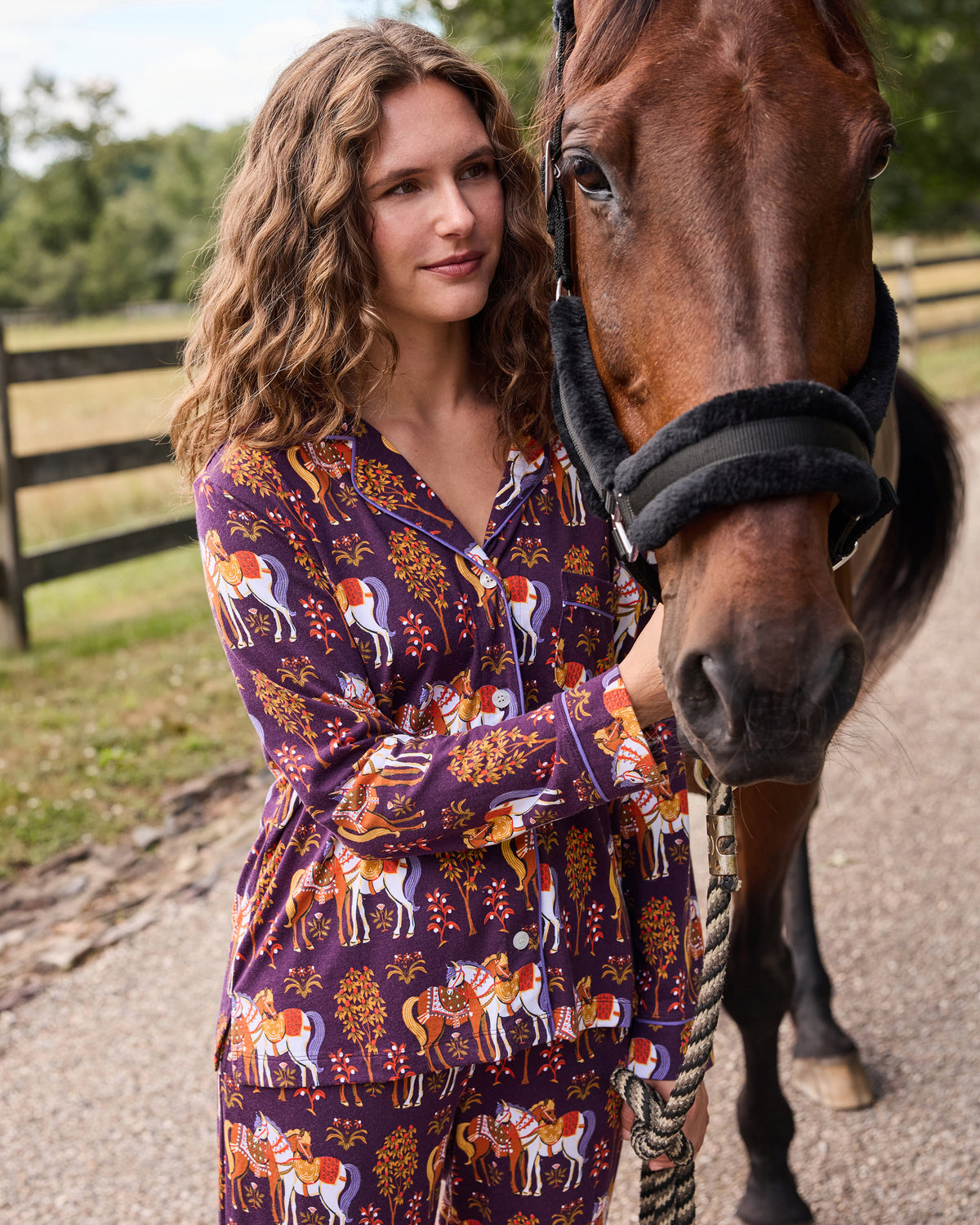 Queen’s Horses - Organic Pima Modal Knit Long PJ Set - Deep Aubergine