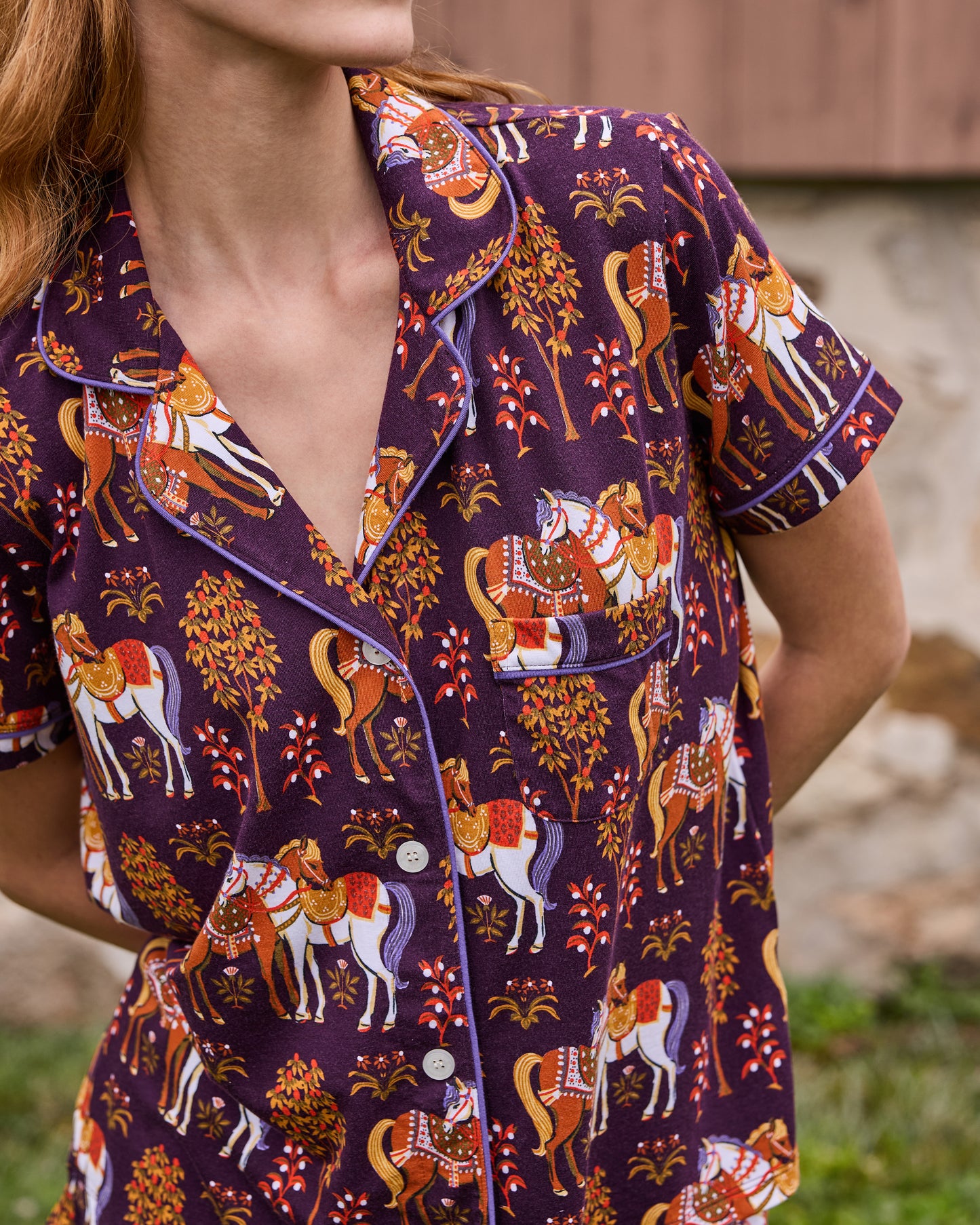 Queen’s Horses - Organic Pima Modal Knit Short PJ Set - Deep Aubergine