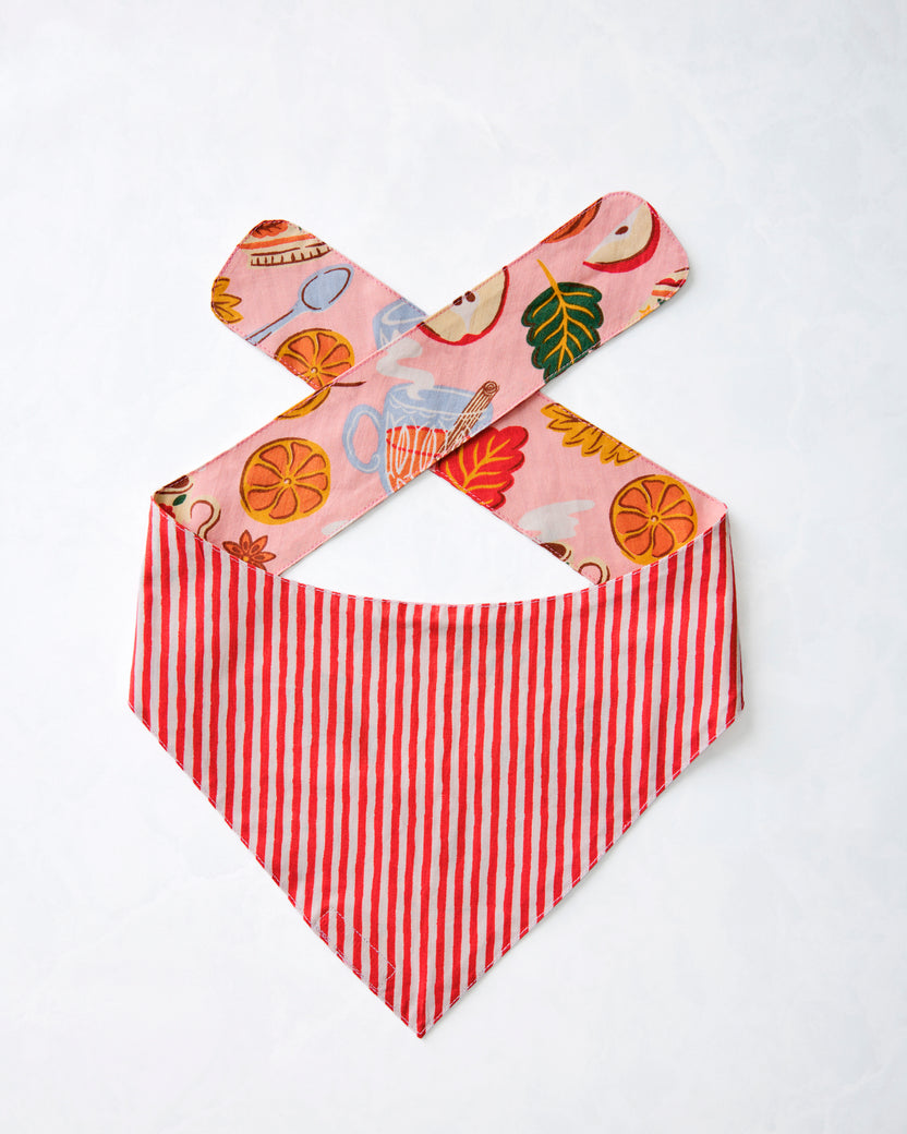 Reverse side of a pet bandana displayed flat with red-and-white vertical stripes and pink printed tie straps.