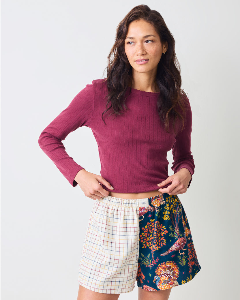 Front view of the Navy Turkey Trot Boyfriend Boxer shorts, showing the contrasting white plaid and navy turkey-and-foliage panels.