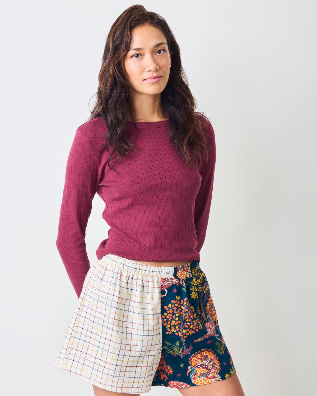 Front view of the Navy Turkey Trot Boyfriend Boxer shorts, showing the relaxed fit, elastic waistband, and contrasting plaid and turkey-print panels.