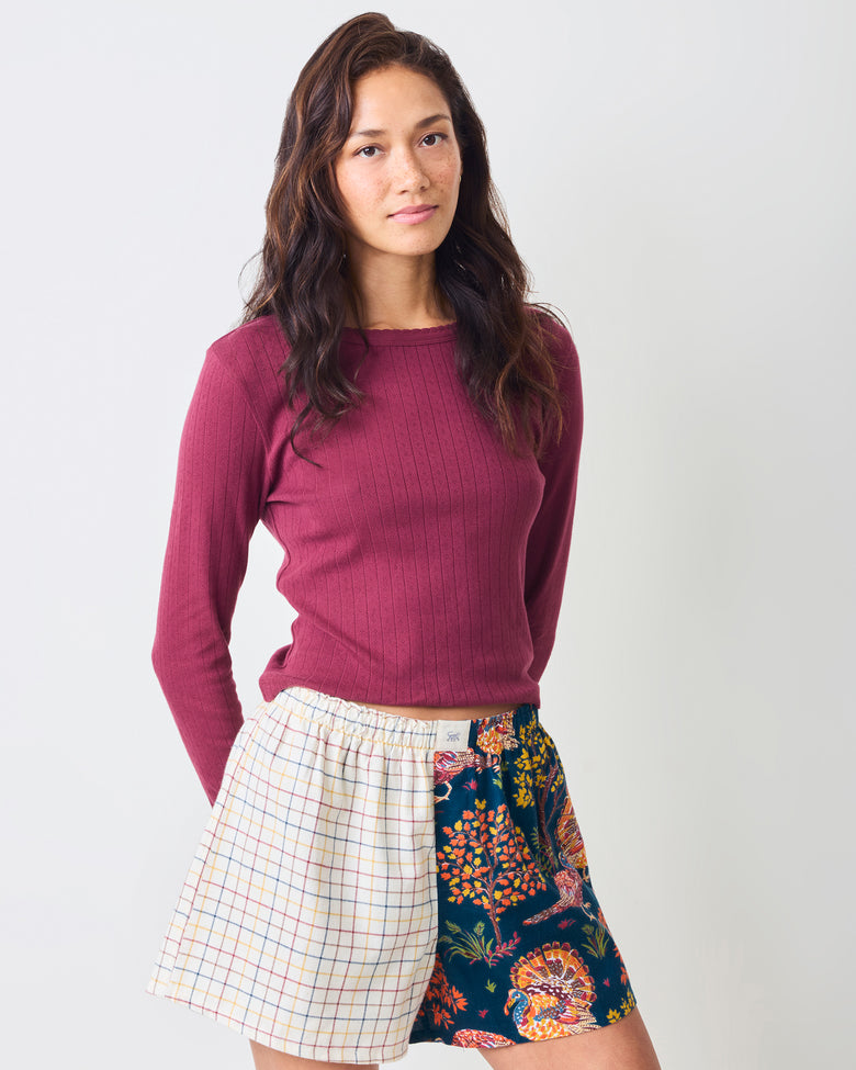 Front view of the Navy Turkey Trot Boyfriend Boxer shorts, showing the relaxed fit, elastic waistband, and contrasting plaid and turkey-print panels.