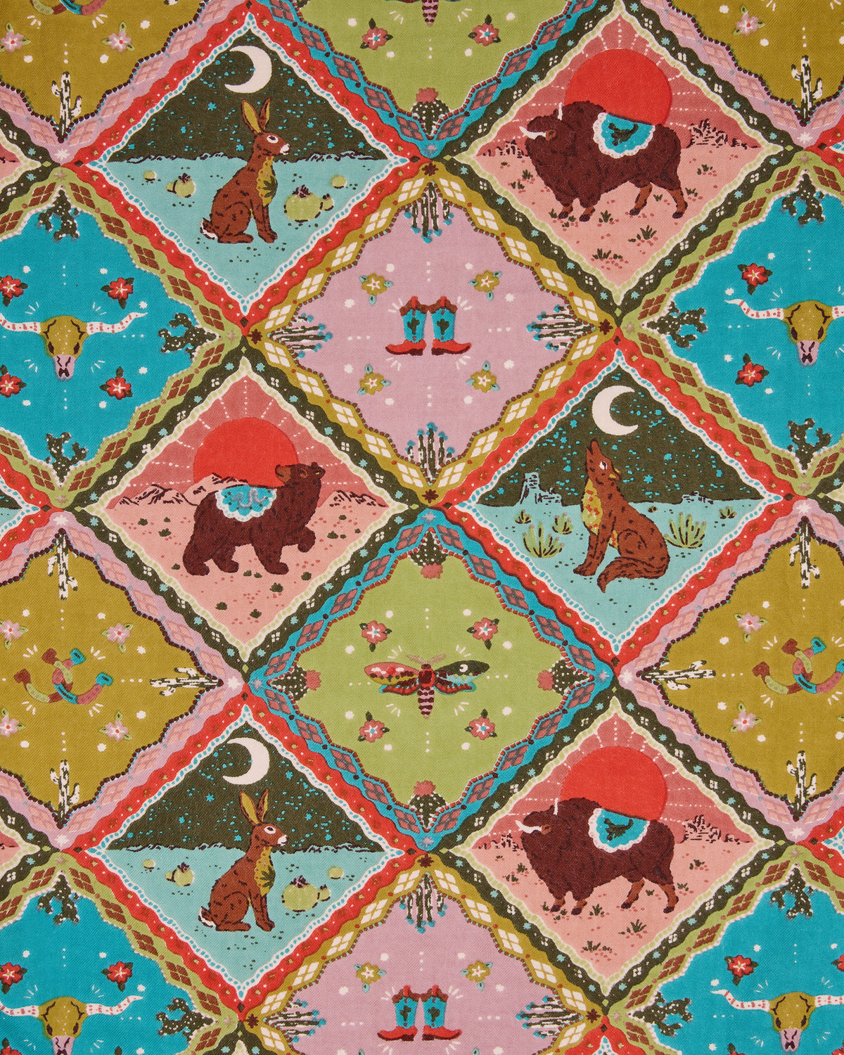 Olive patchwork-style print with illustrated rabbits, bison, bull skulls, desert scenes, boots, and insects.