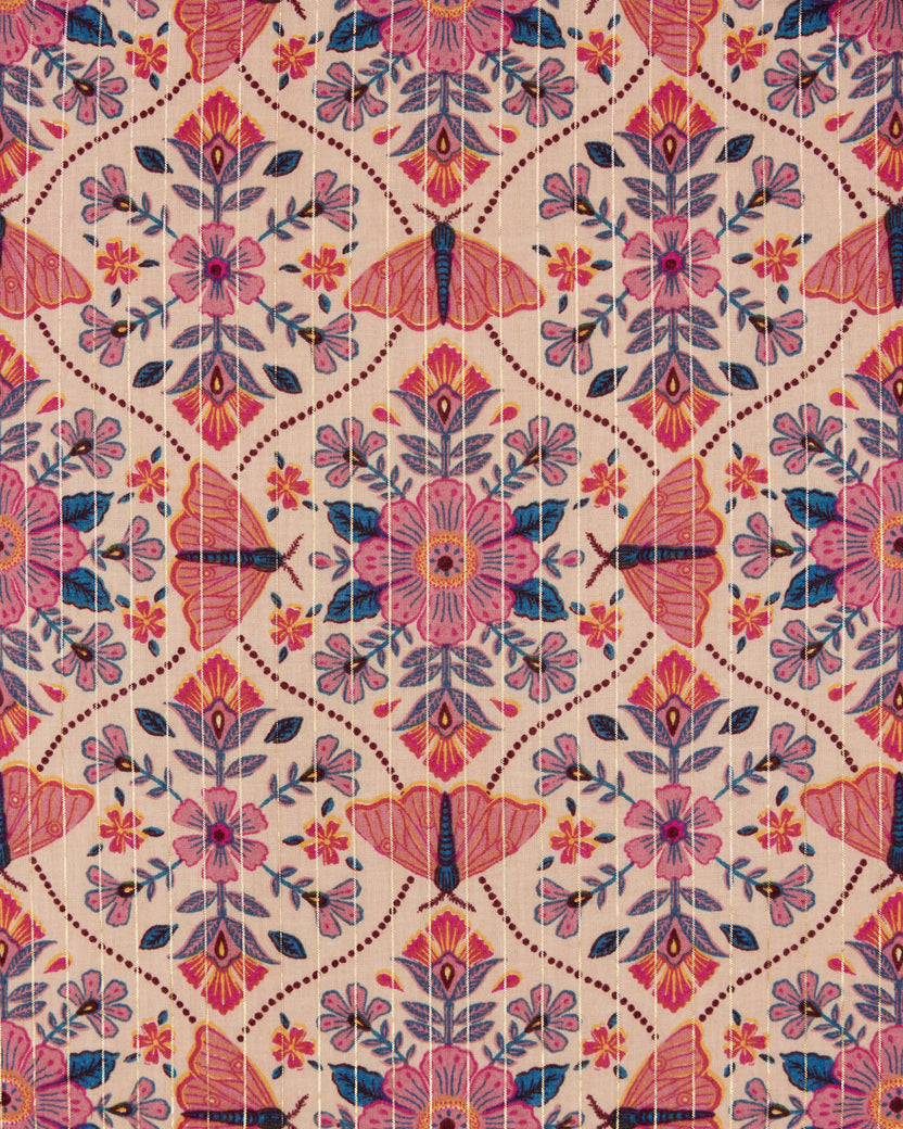 Winged Tapestry pattern swatch with repeating pink and blue flowers, butterflies, leaves, and dotted geometric lines on a light background.