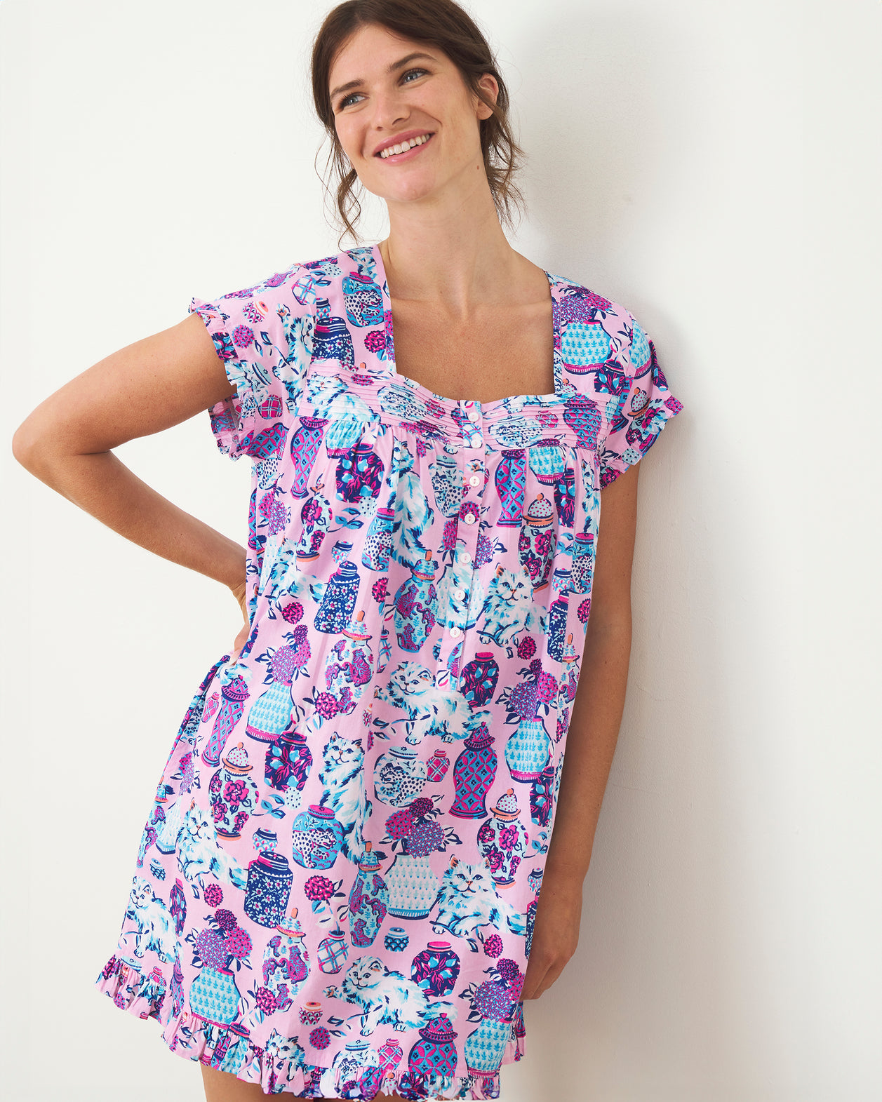 Fancy Cat - Pintuck Nightgown - Rose - Printfresh