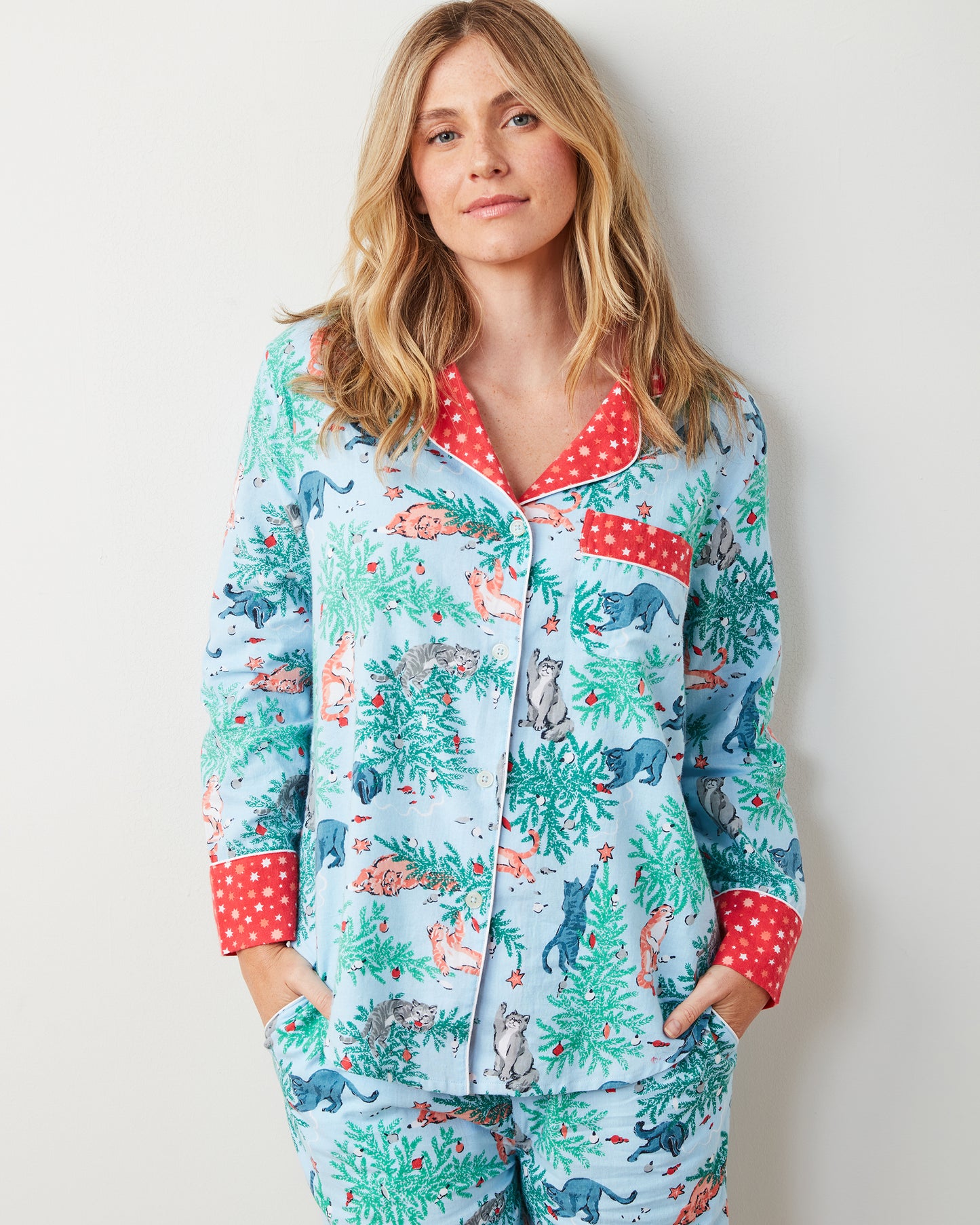 Frisky Firs - Lightweight Flannel Long PJ Set - Twinkling Blue - Printfresh