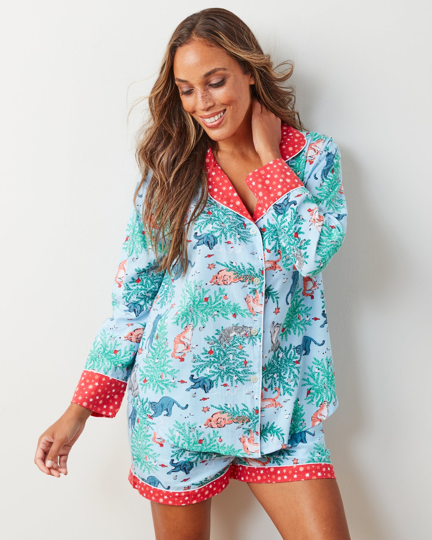 Frisky Firs - Lightweight Flannel Long Sleeve Top & Shorts Set - Twinkling Blue - Printfresh