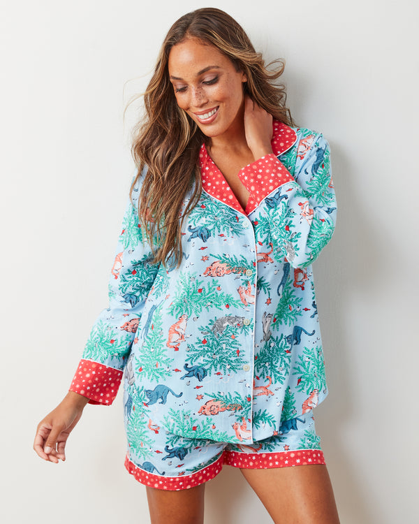 Frisky Firs - Flannel Long Sleeve Top & Shorts Set - Twinkling Blue - Printfresh