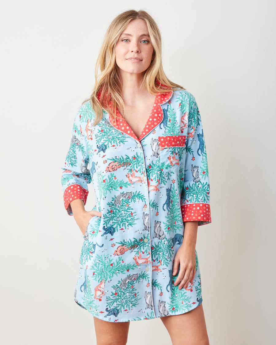 Frisky Firs - Lightweight Flannel Sleep Shirt - Twinkling Blue - Printfresh