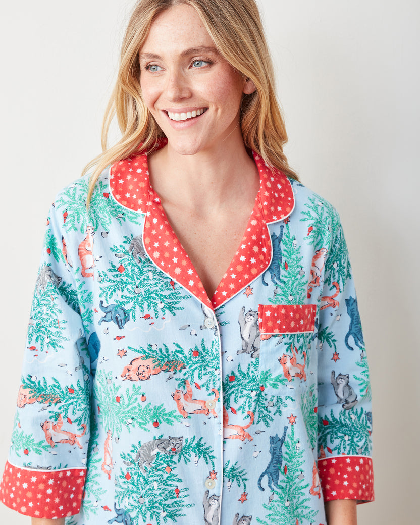 Frisky Firs - Lightweight Flannel Sleep Shirt - Twinkling Blue - Printfresh