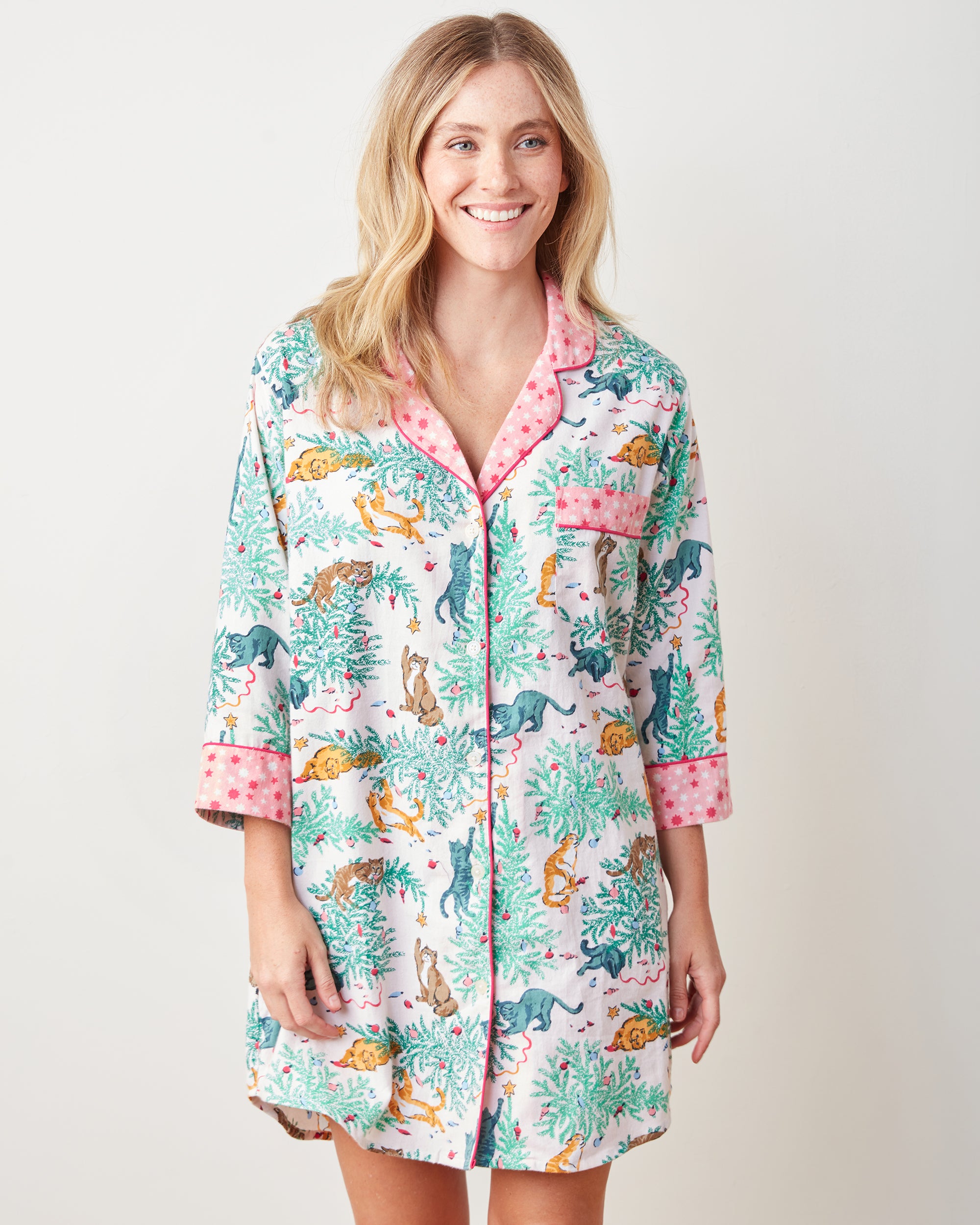 Frisky Firs - Flannel Sleep Shirt - Sweet Cream - Printfresh