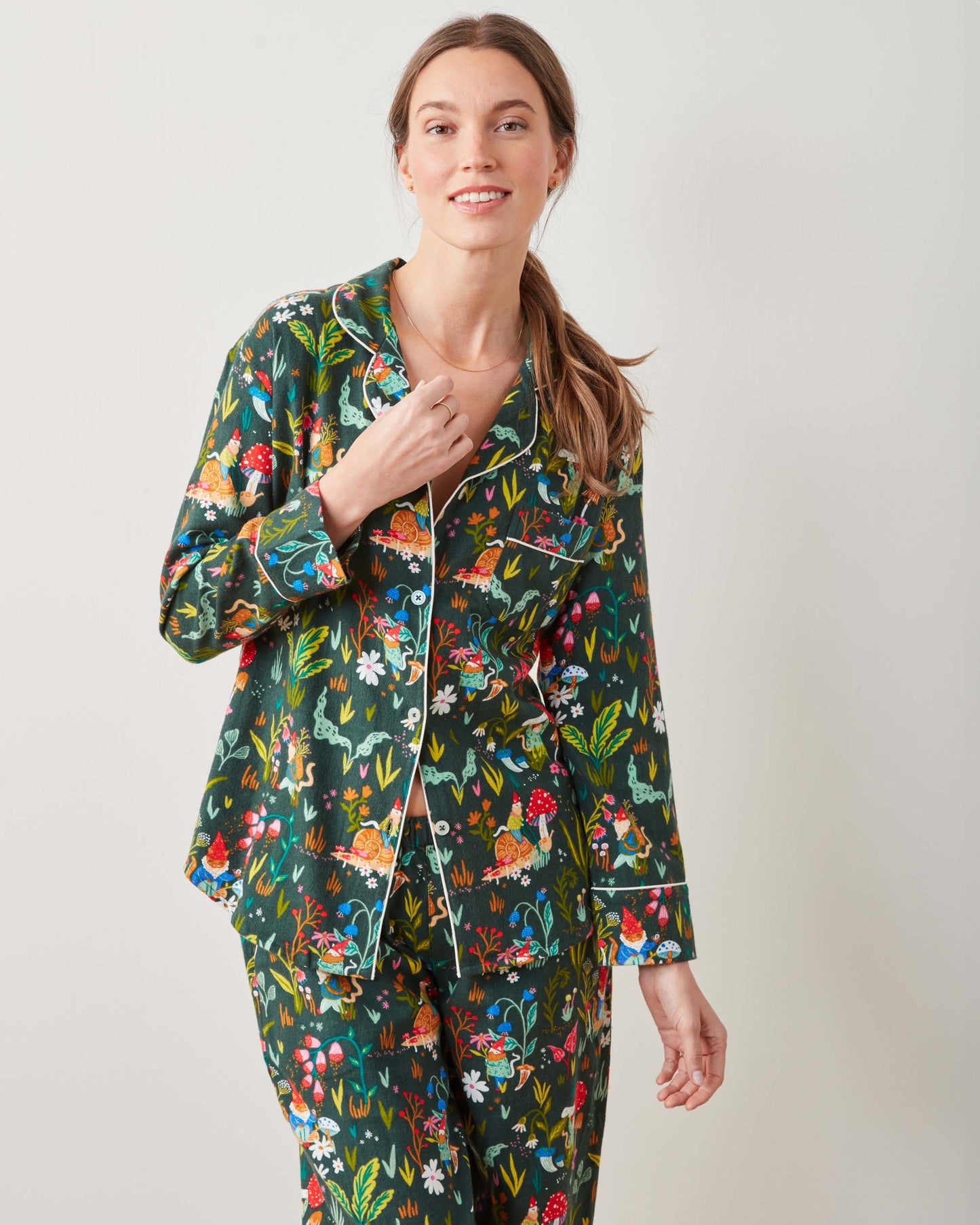 Gnome Garden - Midweight Flannel Long PJ Set - Olive Tree - Printfresh