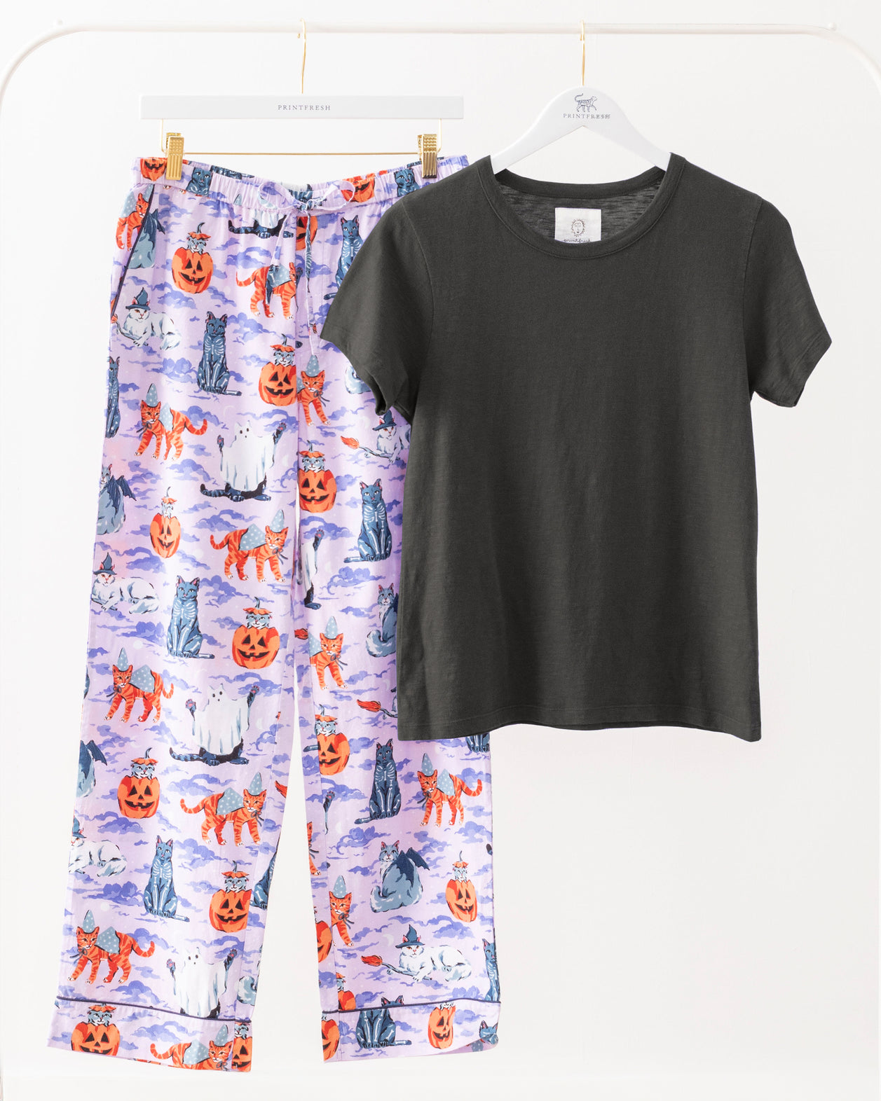 Halloween House Cats - T-Shirt & PJ Pants Set - Lavender - Printfresh