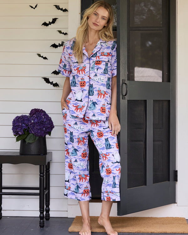 Halloween House Cats - Short Sleeve Top & Cropped Pants Set - Lavender - Printfresh