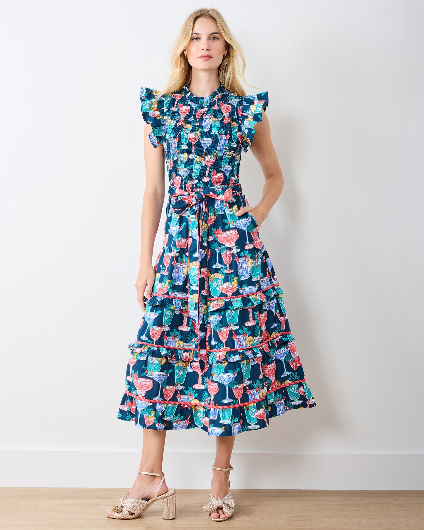 Christmas Cocktails - Ready to Ruffle Dress - Navy - Printfresh