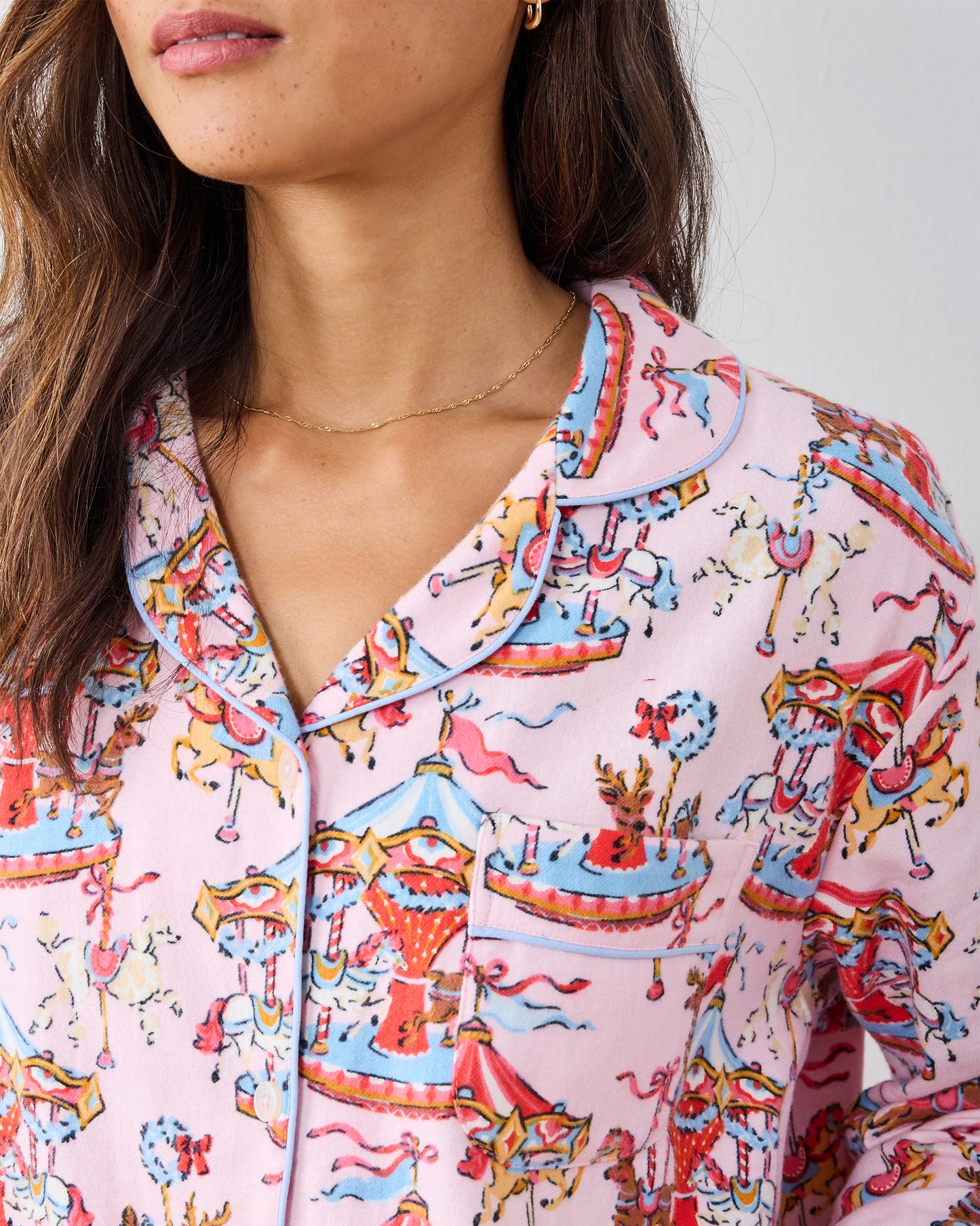 Christmas Carousel - Midweight Flannel Long PJ Set - Pink Garland - Printfresh