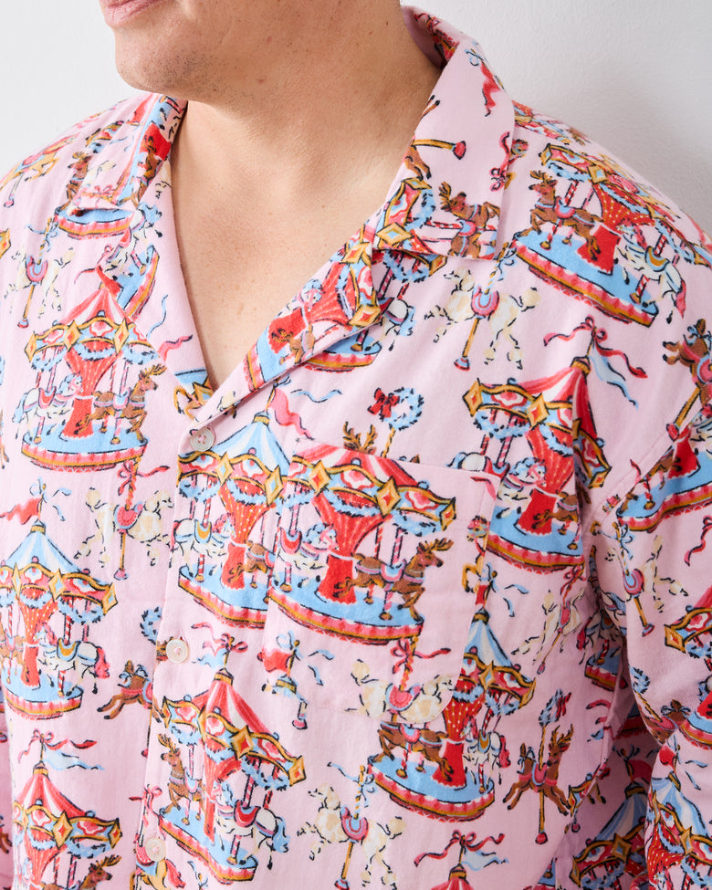 Christmas Carousel - Men's Midweight Flannel Long PJ Set - Pink Garland - Printfresh