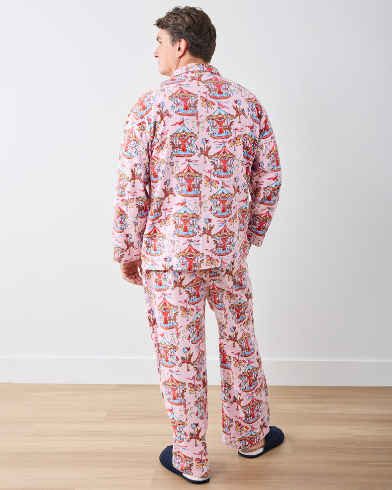Christmas Carousel - Men's Midweight Flannel Long PJ Set - Pink Garland - Printfresh