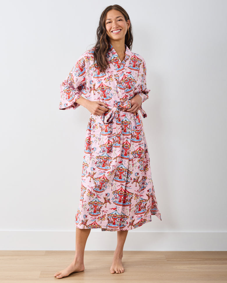 Christmas Carousel - Midweight Flannel Long Robe - Pink Garland - Printfresh