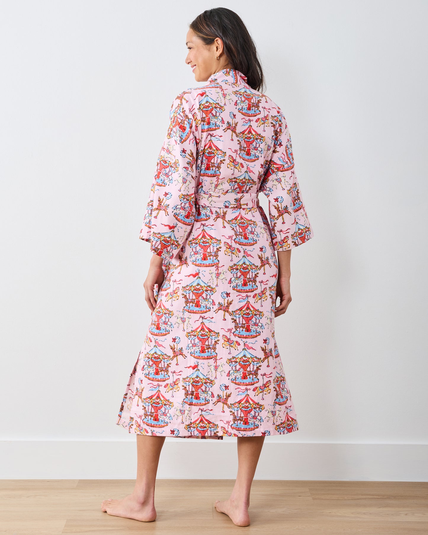 Christmas Carousel - Midweight Flannel Long Robe - Pink Garland - Printfresh