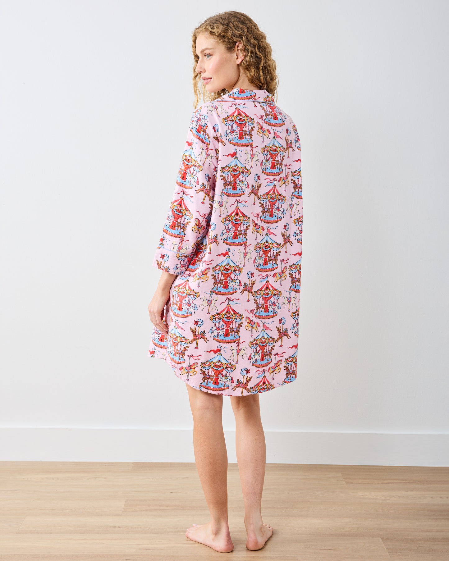 Christmas Carousel - Midweight Flannel Sleep Shirt - Pink Garland - Printfresh