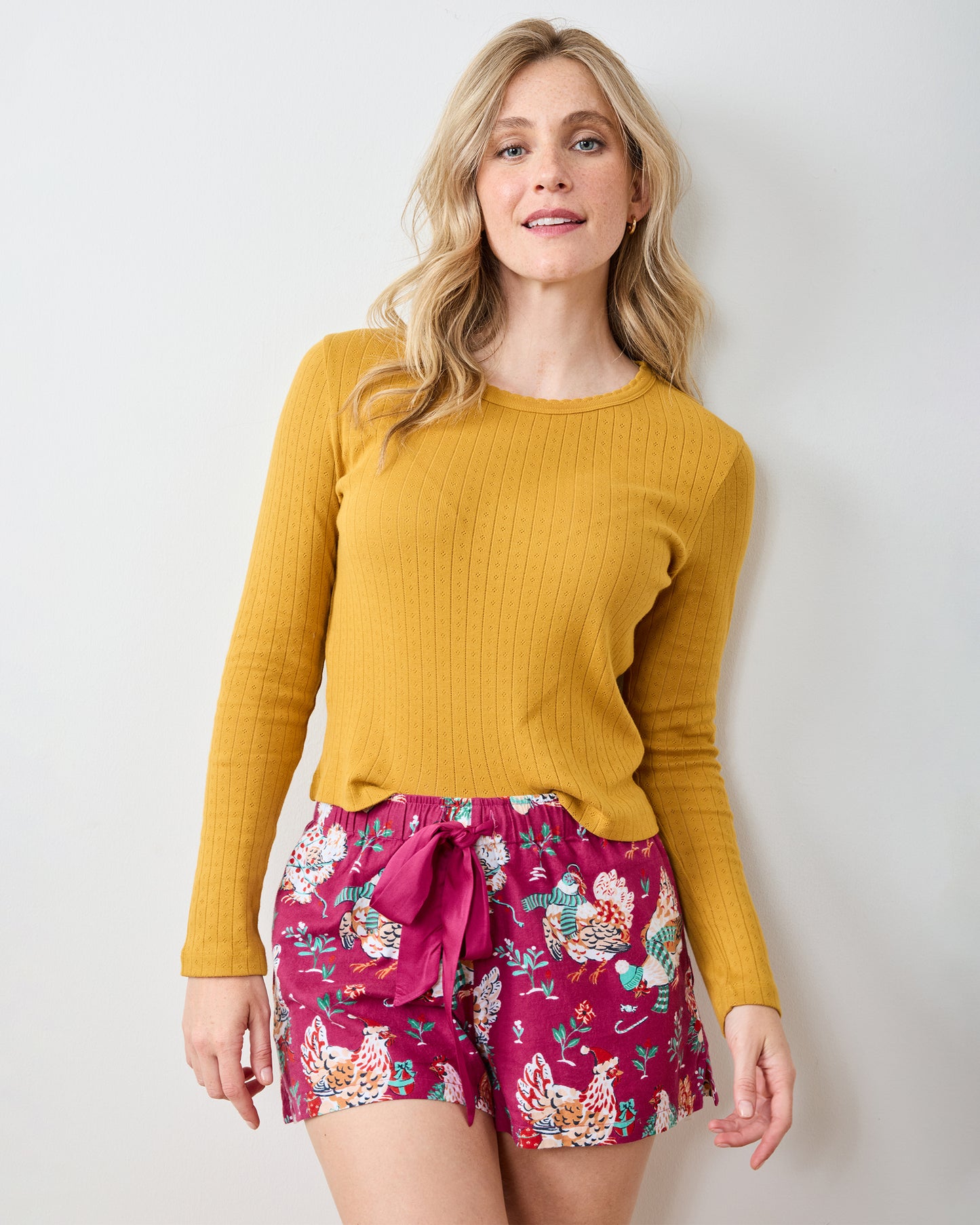 Holiday Hens - Lightweight Flannel Astrid Short - Burgundy - Printfresh