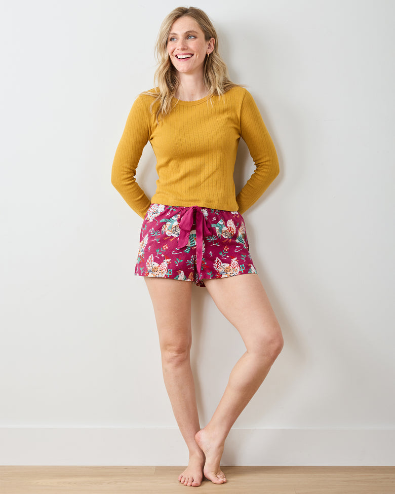Holiday Hens - Lightweight Flannel Astrid Short - Burgundy - Printfresh