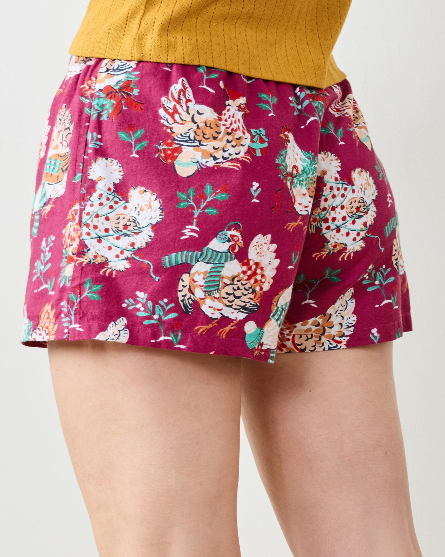 Holiday Hens - Lightweight Flannel Astrid Short - Burgundy - Printfresh